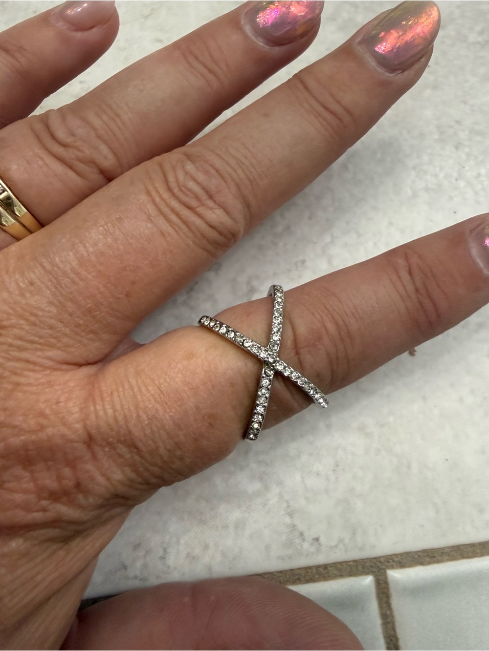 Sterling Crystal X Ring - Silver Pavé Cross Design